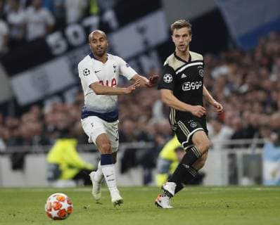 Toby Alderweireld of Tottenham tackles Peer Schuurs of Ajax during the UEFA Champions League match at the Tottenham Hotspur Stadium, London. Picture date: 30th April 2019. Picture credit should read: David Klein Sportimage EDITORIAL USE ONLY. No use with unauthorised audio, video, data, fixture lists, club league logos or live services. Online in-match use limited to 120 images, no video emulation. No use in betting, games or single club league player publications. SPI-0063-0036