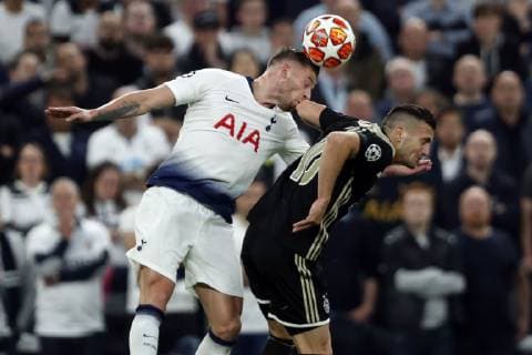 (l-r) Toby Alderweireld of Tottenham Hotspur FC, Dusan Tadic of Ajax during the UEFA Champions League semi final match between Tottenham Hotspur FC and Ajax Amsterdam at the Tottenham Hotspur stadium on April 30, 2019 in London, United Kingdom UEFA Champions League 2018 2019 xVIxVIxImagesx xMauricexvanxSteenxIVx 14335343