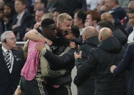 Donny van de Beek of Ajax celebrates scoring the first goal during the UEFA Champions League match at the Tottenham Hotspur Stadium, London. Picture date: 30th April 2019. Picture credit should read: David Klein Sportimage EDITORIAL USE ONLY. No use with unauthorised audio, video, data, fixture lists, club league logos or live services. Online in-match use limited to 120 images, no video emulation. No use in betting, games or single club league player publications. SPI-0063-0044
