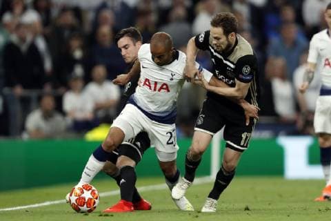 (l-r) Nico Tagliafico of Ajax, Lucas Moura of Tottenham Hotspur FC, Daley Blind of Ajax during the UEFA Champions League semi final match between Tottenham Hotspur FC and Ajax Amsterdam at the Tottenham Hotspur stadium on April 30, 2019 in London, United Kingdom UEFA Champions League 2018 2019 xVIxVIxImagesx xMauricexvanxSteenxIVx 14335371