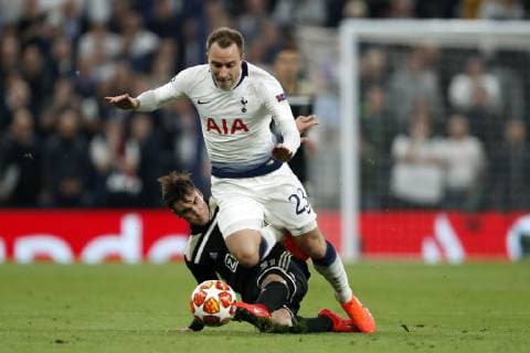 (l-r) Christian Eriksen of Tottenham Hotspur FC, Nico Tagliafico of Ajax during the UEFA Champions League semi final match between Tottenham Hotspur FC and Ajax Amsterdam at the Tottenham Hotspur stadium on April 30, 2019 in London, United Kingdom UEFA Champions League 2018 2019 xVIxVIxImagesx xMauricexvanxSteenxIVx 14335421