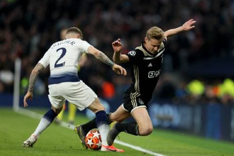 30th April 2019, Tottenham Hotspur Stadium, London, England; UEFA Champions League football, semi final 1st leg, Tottenham Hotspur versus Ajax; Kieran Trippier of Tottenham Hotspur fouls Frenkie de Jong of Ajax  ActionPlus12129085 ShaunxBrooks
