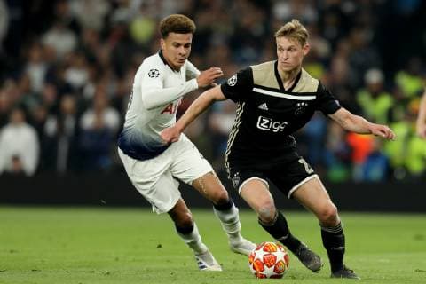 30th April 2019, Tottenham Hotspur Stadium, London, England; UEFA Champions League football, semi final 1st leg, Tottenham Hotspur versus Ajax; Frenkie de Jong of Ajax takes on Dele Alli of Tottenham Hotspur  ActionPlus12129089 ShaunxBrooks