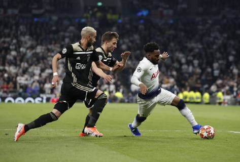 Hakim Ziyech and Lasse Schone of Ajax close down Danny Rose of Tottenham dispossessed during the UEFA Champions League match at the Tottenham Hotspur Stadium, London. Picture date: 30th April 2019. Picture credit should read: David Klein Sportimage EDITORIAL USE ONLY. No use with unauthorised audio, video, data, fixture lists, club league logos or live services. Online in-match use limited to 120 images, no video emulation. No use in betting, games or single club league player publications. SPI-0063-0090