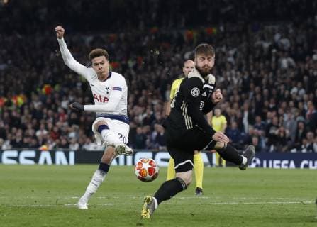 Dele Alli of Tottenham has a shot blocked during the UEFA Champions League match at the Tottenham Hotspur Stadium, London. Picture date: 30th April 2019. Picture credit should read: David Klein Sportimage EDITORIAL USE ONLY. No use with unauthorised audio, video, data, fixture lists, club league logos or live services. Online in-match use limited to 120 images, no video emulation. No use in betting, games or single club league player publications. SPI-0063-0101