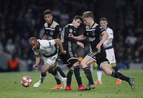 Lucas Moura of Tottenham goes past Nicloas Tagliafico of Ajax during the UEFA Champions League match at the Tottenham Hotspur Stadium, London. Picture date: 30th April 2019. Picture credit should read: David Klein Sportimage EDITORIAL USE ONLY. No use with unauthorised audio, video, data, fixture lists, club league logos or live services. Online in-match use limited to 120 images, no video emulation. No use in betting, games or single club league player publications. SPI-0063-0116