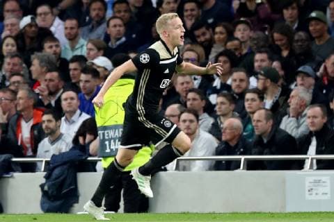 April 30, 2019 - London, England, United Kingdom - Ajax midfielder Donny van de Beek celebrates his goal during the UEFA Champions League match between Tottenham Hotspur and Ajax Amsterdam at White Hart Lane, London on Tuesday 30th April 2019. Tottenham Hotspur v Ajax - UEFA Champions League Semi Final: First Leg  - ZUMAn230 20190430_zaa_n230_405 Copyright: xMixNewsx