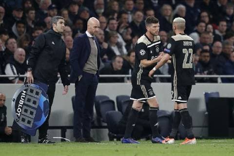 LONDON Football, 30-04-2019, season 2018 2019 , Tottenham Stadium . Semi final Champions League first leg. Ajax player Klaas Jan Huntelaar and Ajax player Hakim Ziyech during the game Tottenham Hotspur - Ajax Tottenham Hotspur - Ajax x3292653x
