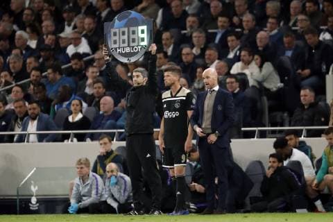 (l-r) Klaas Jan Huntelaar of Ajax, Tottenham Hotspur FC coach Mauricio Pochettino during the UEFA Champions League semi final match between Tottenham Hotspur FC and Ajax Amsterdam at the Tottenham Hotspur stadium on April 30, 2019 in London, United Kingdom UEFA Champions League 2018 2019 xVIxVIxImagesx xMauricexvanxSteenxIVx 14336139