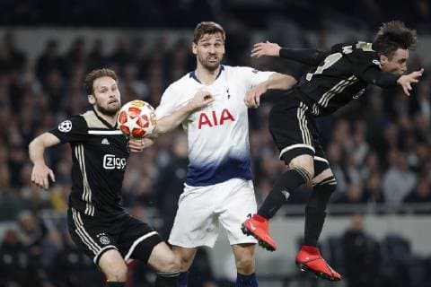 LONDON Football, 30-04-2019, season 2018 2019 , Tottenham Stadium . Semi final Champions League first leg. Ajax player Daley Blind, Tottenham Hotspur player Fernando Llorente and Ajax player Nicolas Tagliafico during the game Tottenham Hotspur - Ajax Tottenham Hotspur - Ajax x3292670x