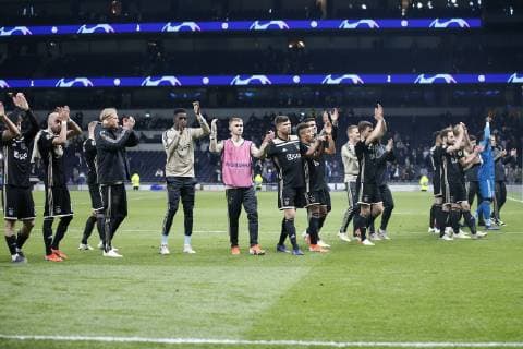 LONDON Football, 30-04-2019, season 2018 2019 , Tottenham Stadium . Semi final Champions League first leg. Ajax celebrating the 0-1 win during the game Tottenham Hotspur - Ajax Tottenham Hotspur - Ajax  x3292731x