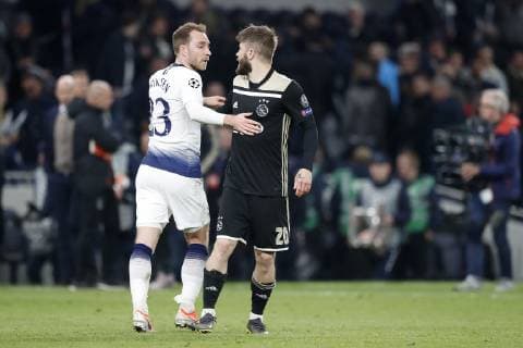 LONDON Football, 30-04-2019, season 2018 2019 , Tottenham Stadium . Semi final Champions League first leg. Tottenham Hotspur player Christian Eriksen and Ajax player Lasse Schone during the game Tottenham Hotspur - Ajax Tottenham Hotspur - Ajax x3292736x