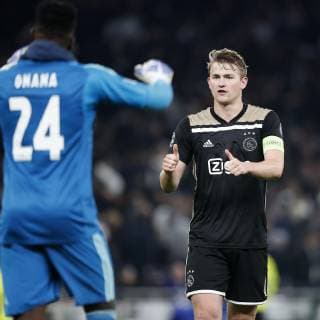 LONDON Football, 30-04-2019, season 2018 2019 , Tottenham Stadium . Semi final Champions League first leg. Ajax goalkeeper Andre Onana and Ajax player Matthijs de Ligt celebrating the 0-1 win during the game Tottenham Hotspur - Ajax Tottenham Hotspur - Ajax x3292738x
