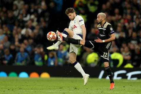 30th April 2019, Tottenham Hotspur Stadium, London, England; UEFA Champions League football, semi final 1st leg, Tottenham Hotspur versus Ajax; Hakim Ziyech of Ajax challenges Ben Davies of Tottenham Hotspur  ActionPlus12129125 ShaunxBrooks