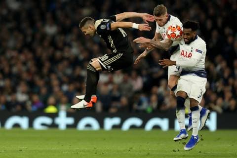 30th April 2019, Tottenham Hotspur Stadium, London, England; UEFA Champions League football, semi final 1st leg, Tottenham Hotspur versus Ajax; Dusan Tadic of Ajax miss times a header as he is pressured by Danny Rose and Tony Alderweireld of Spurs  ActionPlus12129141 ShaunxBrooks