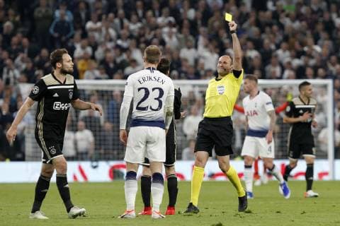 Nicolas Tagliafico of Ajax is booked during the UEFA Champions League Semi Final match between Tottenham Hotspur and Ajax at Tottenham Hotspur Stadium, London, England on 30 April 2019. Copyright: xCarltonxMyriex 23880040