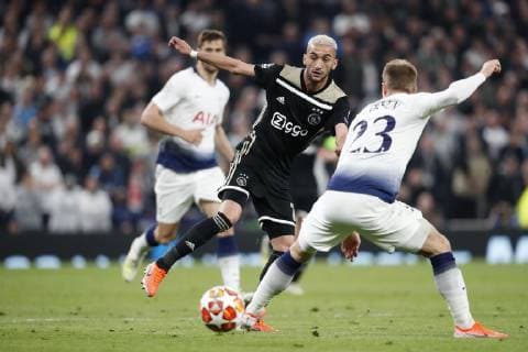 LONDON Football, 30-04-2019, season 2018 2019 , Tottenham Stadium . Semi final Champions League first leg. Hakim Ziyech , Christian Eriksen during the game Tottenham Hotspur - Ajax Tottenham Hotspur - Ajax x3294587x