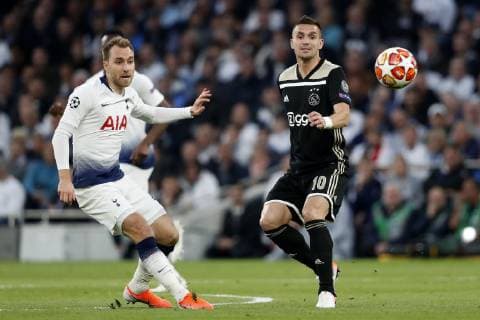 LONDON Football, 30-04-2019, season 2018 2019 , Tottenham Stadium . Semi final Champions League first leg. Christian Eriksen , Dusan Tadic during the game Tottenham Hotspur - Ajax Tottenham Hotspur - Ajax x3294604x