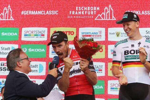 Cheers on the podium cheering song for Eintracht Frankfurt 2 place John Degenkolb GER Team Trek Segafredo USA The cycling classic Eschborn Frankfurt 2019 Cycling race 1 May