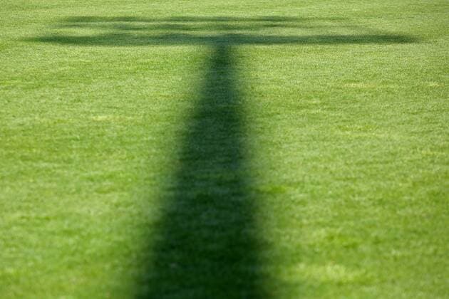 General Feature Edge motif Shadow from a floodlight mast on the pitch Football Oberliga Westfalen 22 Matchday Sportfreunde Siegen FC Guetersloh Gütersloh on 01 05 2019 in Siegen Germany