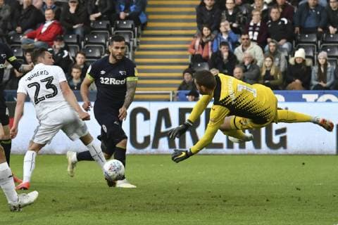 Football - 2018 2019 Sky Bet EFL Championship - Swansea City vs. Derby County Kristoffer Nordfeldt of Swansea City saves a header from Bradley Johnson Derby County, at The Liberty Stadium. COLORSPORT WINSTON BYNORTH 