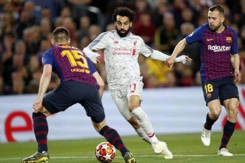 (l-r) Clement Lenglet of FC Barcelona Barca Mo Salah of Liverpool FC, Jordi Alba of FC Barcelona during the UEFA Champions League semi final match between FC Barcelona and Liverpool FC at Camp Nou on May 01, 2019 in Barcelona, Spain UEFA Champions League 2018 2019 xVIxVIxImagesx xMauricexvanxSteenxIVx 14342109