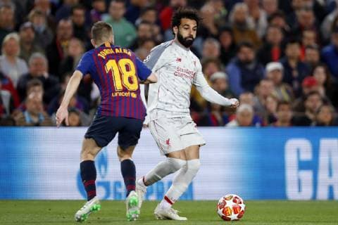 (l-r) Jordi Alba of FC Barcelona Barca Mo Salah of Liverpool FC during the UEFA Champions League semi final match between FC Barcelona and Liverpool FC at Camp Nou on May 01, 2019 in Barcelona, Spain UEFA Champions League 2018 2019 xVIxVIxImagesx xMauricexvanxSteenxIVx 14342110