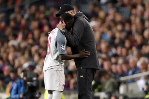 (l-r) Naby Keita of Liverpool FC, Liverpool FC coach Jurgen Klopp during the UEFA Champions League semi final match between FC Barcelona Barca and Liverpool FC at Camp Nou on May 01, 2019 in Barcelona, Spain UEFA Champions League 2018 2019 xVIxVIxImagesx xMauricexvanxSteenxIVx 14342322