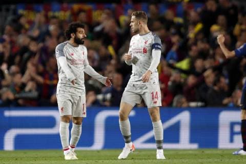 (l-r) Mo Salah of Liverpool FC, Jordan Henderson of Liverpool FC during the UEFA Champions League semi final match between FC Barcelona Barca and Liverpool FC at Camp Nou on May 01, 2019 in Barcelona, Spain UEFA Champions League 2018 2019 xVIxVIxImagesx xMauricexvanxSteenxIVx 14342375