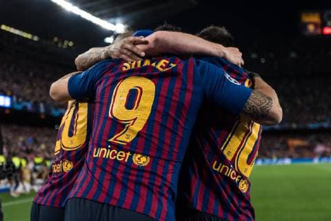 Barcelona Spain 01 05 2019 UEFA Champions League 2018 19 Season Semifinal 2 Round FC Barcelona FC Liverpool Luis Suarez Barcelona celebrates his team s first goal 1 0 with team mates DeFodi059