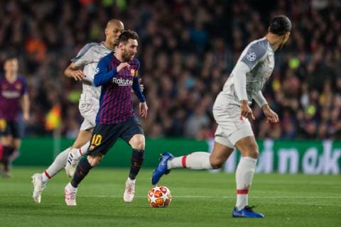 Barcelona Spain 01 05 2019 UEFA Champions League 2018 19 Season Half Final 2 Round FC Barcelona FC Liverpool Lionel Messi Barcelona and Fabinho Liverpool battle for the ball DeFodi059