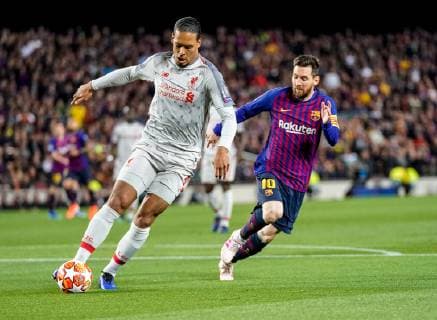 1st May 2019, Camp Nou, Barcelona, Spain; UEFA Champions League football, semi final 1st leg, FC Barcelona Barca versus Liverpool; Virgil van Dijk of Liverpool chased by Lionel Messi of Barcelona  ActionPlus12129209 StevexFeeney