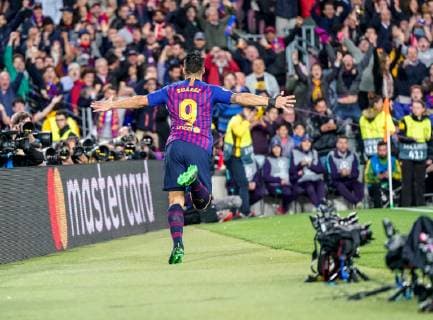 1st May 2019, Camp Nou, Barcelona, Spain; UEFA Champions League football, semi final 1st leg, FC Barcelona Barca versus Liverpool; Luis Suarez of Barcelona celebrates scoring the opening goal in the 26th minute  ActionPlus12129210 StevexFeeney