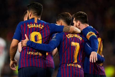 FC Barcelona Barca s Luis Suarez (L) jubilates a goal with Lionel Messi and Coutinho during the UEFA Champions League first leg semifinal match between FC Barcelona and Liverpool in Barcelona, Catalonia, Spain, 01 May 2019. Barcelona - Liverpool !ACHTUNG: NUR REDAKTIONELLE NUTZUNG!  Copyright: xAlejandroxGarciax GRAF1649 20190501-636923443916125144