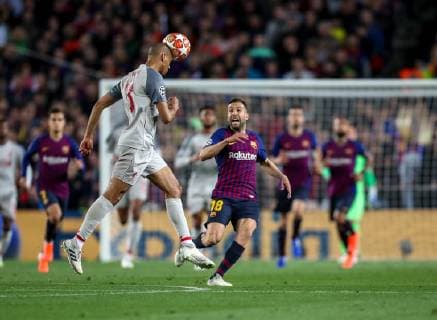 1st May 2019, Camp Nou, Barcelona, Spain; UEFA Champions League football, semi final 1st leg, FC Barcelona Barca versus Liverpool; Fabinho of Liverpool heads the ball away out of defence  ActionPlus12129232 StevexFeeney