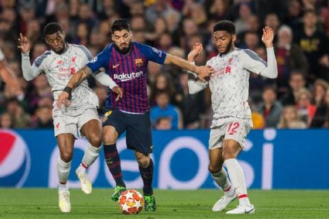 Barcelona Spain 01 05 2019 UEFA Champions League 2018 19 Season Half Final 2 Round FC Barcelona FC Liverpool Georginio Wijnaldum Liverpool Luis Suarez Barcelona and Joe Gomez Liverpool battle for the ball DeFodi059