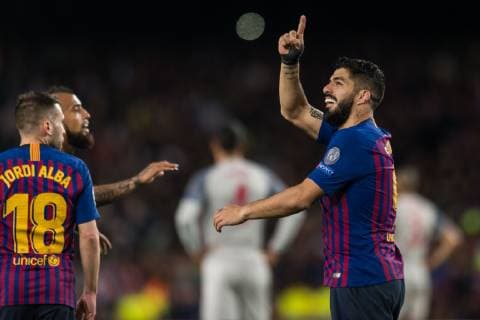 Barcelona Spain 01 05 2019 UEFA Champions League 2018 19 Season Half Final 2 Round FC Barcelona FC Liverpool Luis Suarez Barcelona celebrates after scoring his team s first goal DeFodi059