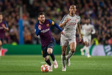 Barcelona Spain 01 05 2019 UEFA Champions League 2018 19 Season Half Final 2 Round FC Barcelona FC Liverpool Lionel Messi Barcelona and Fabinho Liverpool battle for the ball DeFodi059