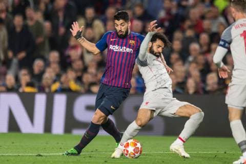 Barcelona Spain 01 05 2019 UEFA Champions League 2018 19 Season Half Final 2 Round FC Barcelona FC Liverpool Luis Suarez Barcelona and Mohamed Salah Liverpool battle for the ball DeFodi059