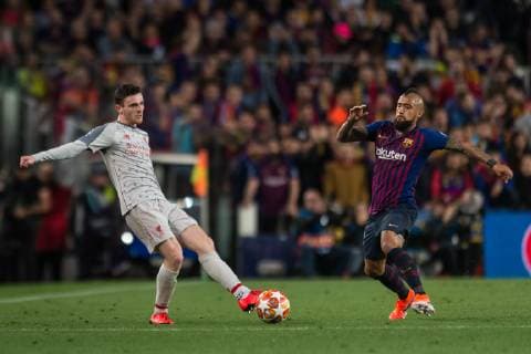 Barcelona Spain 01 05 2019 UEFA Champions League 2018 19 Season Half Final 2 Round FC Barcelona FC Liverpool Andy Robertson Liverpool and Arturo Vidal Barcelona battle for the ball DeFodi059