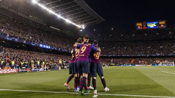 Barcelona Spain 01 05 2019 UEFA Champions League 2018 19 Season Half Final 2 Round FC Barcelona FC Liverpool Luis Suarez Barcelona celebrates after scoring his team s first goal with team mates DeFodi523