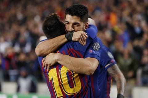 (l-r) Lionel Messi of FC Barcelona Barca Luis Suarez of FC Barcelona during the UEFA Champions League semi final match between FC Barcelona and Liverpool FC at Camp Nou on May 01, 2019 in Barcelona, Spain UEFA Champions League 2018 2019 xVIxVIxImagesx xMauricexvanxSteenxIVx 14343152