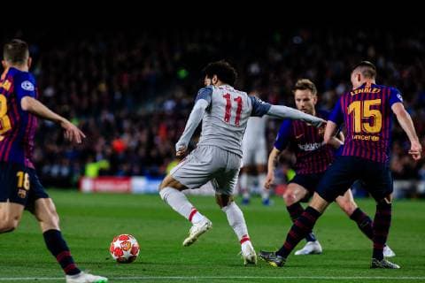 May 1, 2019 - Barcelona, BARCELONA, Spain - 11 Mohamed Salah of Liverpool FC defended by 15 Lenglet of FC Barcelona Barca 18 Jordi Alba of FC Barcelona and 04 Ivan Rakitic of FC Barcelona during the UEFA Champions League first leg match of Semi final between FC Barcelona and Liverpool FC in Camp Nou Stadium in Barcelona 01 of May of 2019, Spain. Soccer: Champions League - FC Barcelona v Liverpool - ZUMAa181 20190501_zaa_a181_006 Copyright: xAFP7x