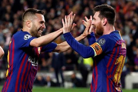 FC Barcelona Barca s Leo Messi (R) jubilates a goal with Jordi Alba during the UEFA Champions League first leg semifinal match between FC Barcelona and Liverpool in Barcelona, Catalonia, Spain, 01 May 2019. Barcelona - Liverpool !ACHTUNG: NUR REDAKTIONELLE NUTZUNG!  Copyright: xEnricxFontcubertax GRAF1721 20190501-636923487308305386