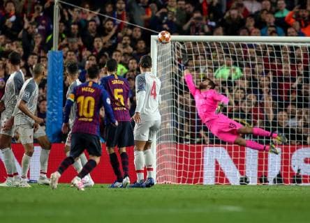 1st May 2019, Camp Nou, Barcelona, Spain; UEFA Champions League football, semi final 1st leg, FC Barcelona Barca versus Liverpool; Lionel Messi of Barcelona watches as his free kick scores to give Barcelona a 3-0 lead in the 82nd minute  ActionPlus12129255 StevexFeeney