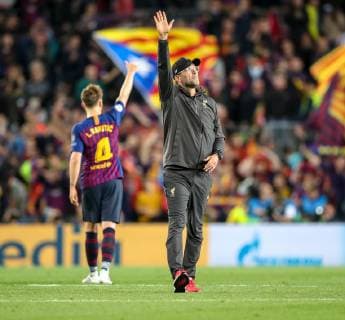 1st May 2019, Camp Nou, Barcelona, Spain; UEFA Champions League football, semi final 1st leg, FC Barcelona Barca versus Liverpool; Jurgen Klopp Manager of Liverpool applauds the Liverpool fans after the final whistle  ActionPlus12129268 StevexFeeney