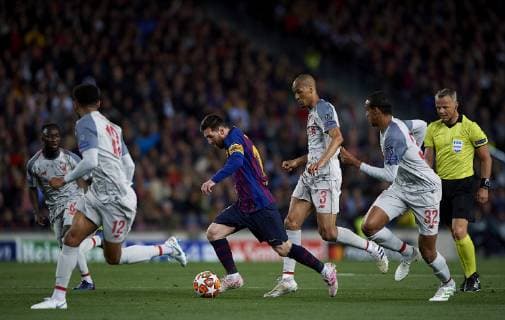 Soccer: UEFA Champions League 2018 19 : Lionel Messi (C) of Barcelona in action surrounded by players of Liverpool during the UEFA Champions League Match between FC Barcelona Barca vs Liverpool FC at Camp Nou Stadium in Barcelona, Spain, May 1, 2019. Noxthirdxpartyxsales  (102311665)