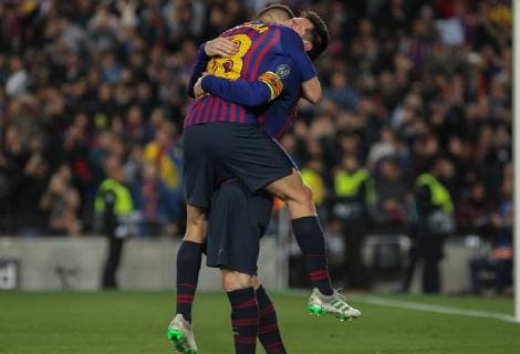 May 1, 2019 - Barcelona, Barcelona, Spain - Messi and Jordi Alba of Barcelona celebrating a goal during UEFA Champions League football match, between Barcelona and Liverpool, May 01th, in Camp Nou stadium in Barcelona, Spain. Soccer: Champions League - FC Barcelona Barca v Liverpool - ZUMAa181 20190501_zaa_a181_128 Copyright: xAFP7x