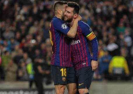 May 1, 2019 - Barcelona, Barcelona, Spain - Messi and Jordi Alba of Barcelona celebrating a goal during UEFA Champions League football match, between Barcelona and Liverpool, May 01th, in Camp Nou stadium in Barcelona, Spain. Soccer: Champions League - FC Barcelona Barca v Liverpool - ZUMAa181 20190501_zaa_a181_129 Copyright: xAFP7x