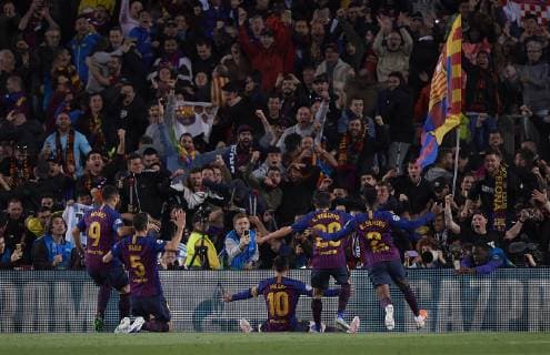 Soccer: UEFA Champions League 2018 19 : Lionel Messi (C) of Barcelona celebrates with his teammates after scoring the third goal during the UEFA Champions League Match between FC Barcelona Barca vs Liverpool FC at Camp Nou Stadium in Barcelona, Spain, May 1, 2019. Noxthirdxpartyxsales  (102316638)